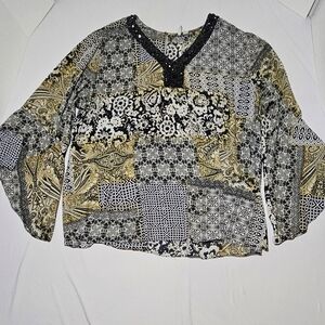 Kim Rogers Womens 26/28W Black Gold Patchwork Blouse With Beaded V Neck